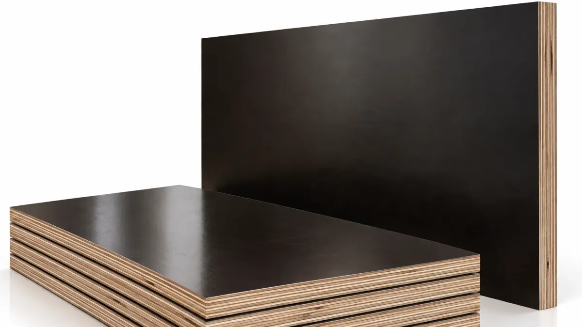Calibrated black film shuttering plywood sheets in a stack